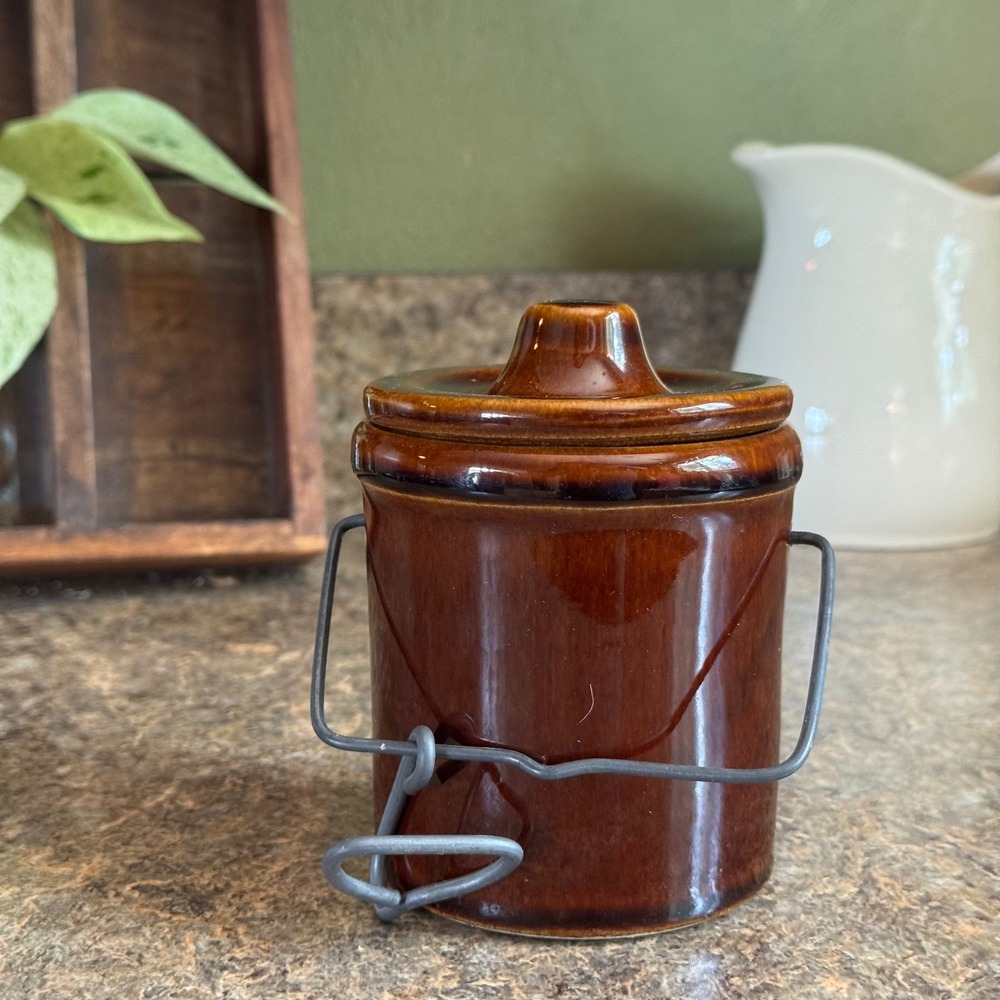 Vintage Brown Stoneware Crock with Wire Bale Lid Small Ceramic Glazed Jar